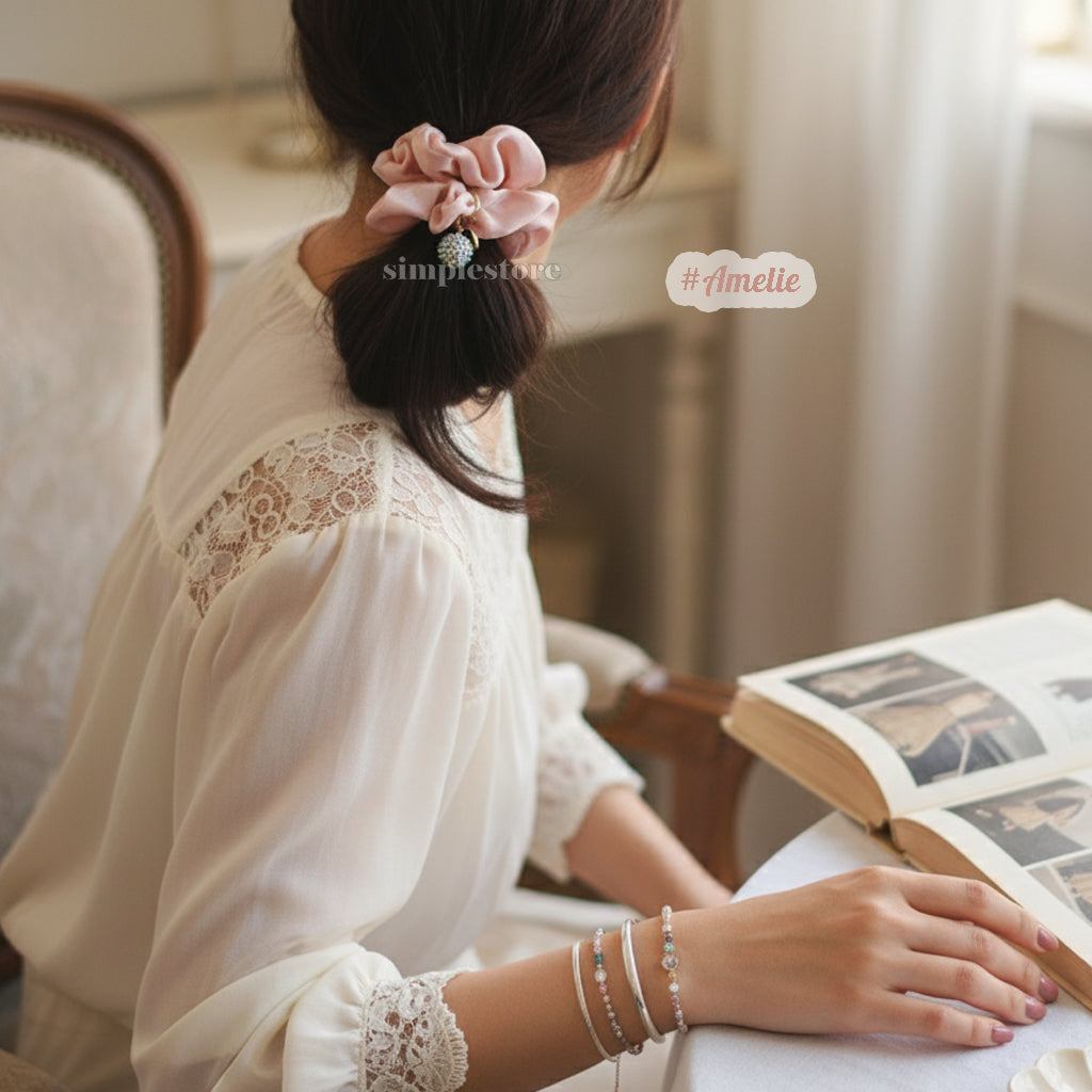 A206 - Dây buộc Amelie elegant silk hair rope with Korea ball rhinestone