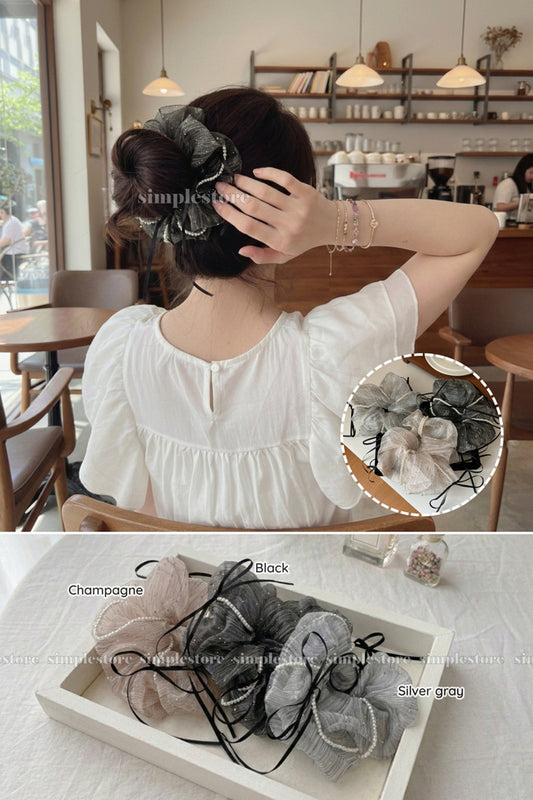 A238 - Dây buộc Chloe organza rhinestone striped with black ribbon and pearl trim scrunchies