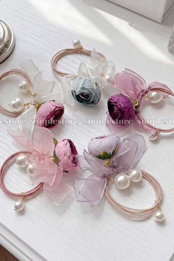 A261 - Dây buộc Vintage Camellia Floral with pearl & ribbon hair tie