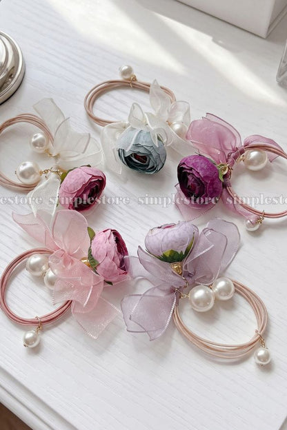 A261 - Dây buộc Vintage Camellia Floral with pearl & ribbon hair tie