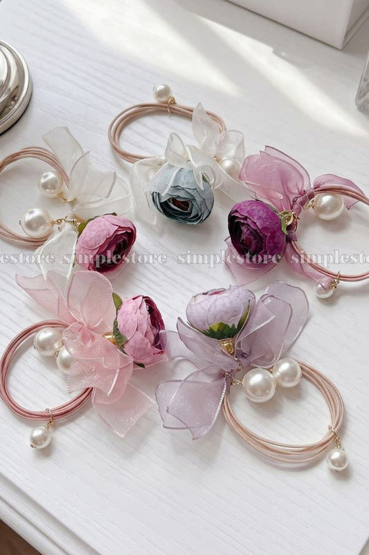 A261 - Dây buộc Vintage Camellia Floral with pearl & ribbon hair tie