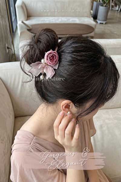A261 - Dây buộc Vintage Camellia Floral with pearl & ribbon hair tie