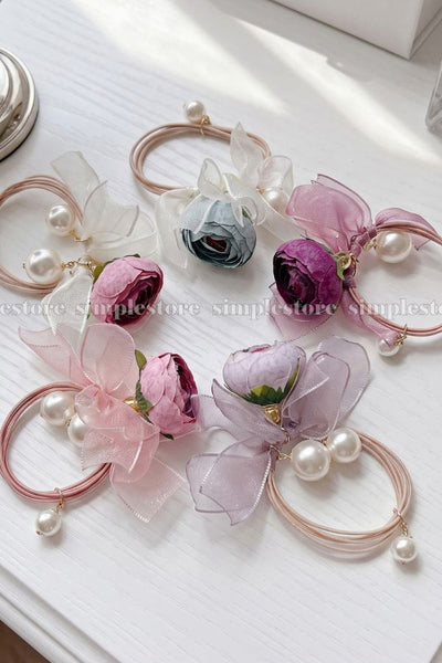 A261 - Dây buộc Vintage Camellia Floral with pearl & ribbon hair tie