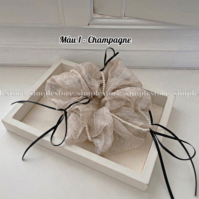 A238 - Dây buộc Chloe organza rhinestone striped with black ribbon and pearl trim scrunchies