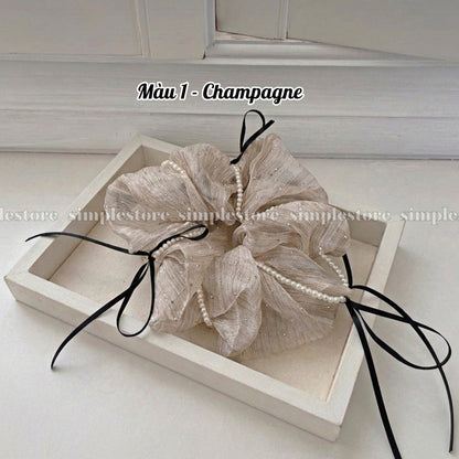 A238 - Dây buộc Chloe organza rhinestone striped with black ribbon and pearl trim scrunchies