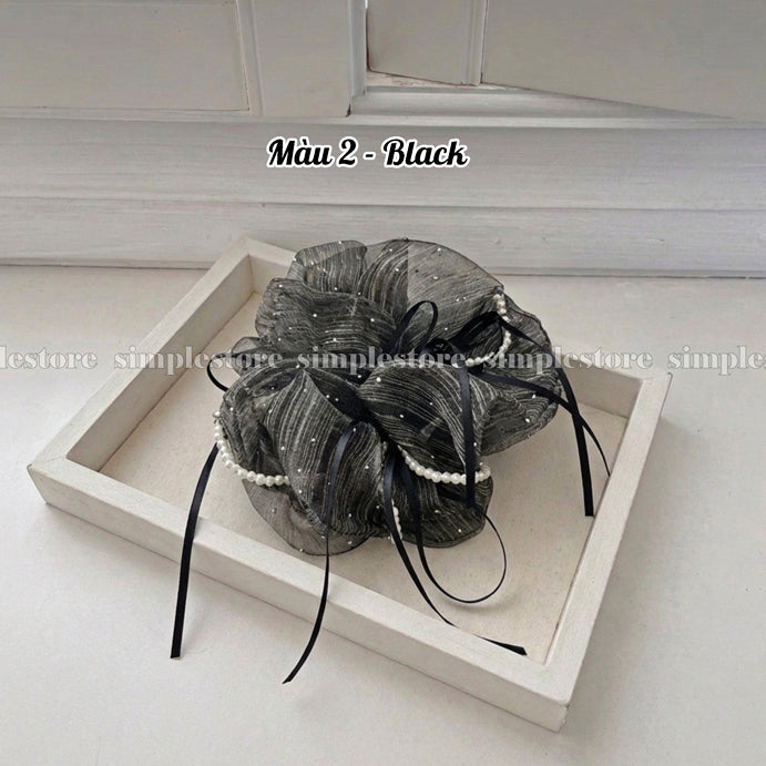A238 - Dây buộc Chloe organza rhinestone striped with black ribbon and pearl trim scrunchies