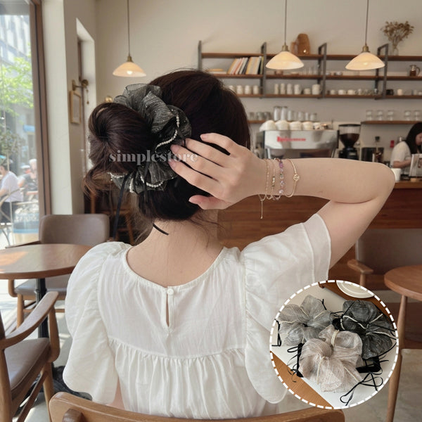 A238 - Dây buộc Chloe organza rhinestone striped with black ribbon and pearl trim scrunchies
