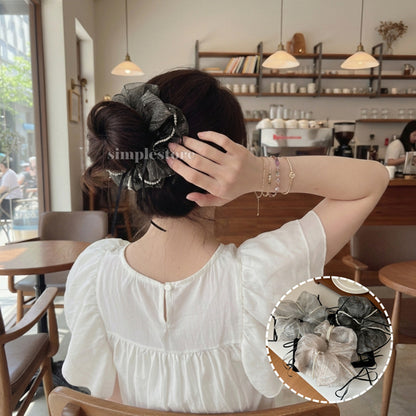 A238 - Dây buộc Chloe organza rhinestone striped with black ribbon and pearl trim scrunchies