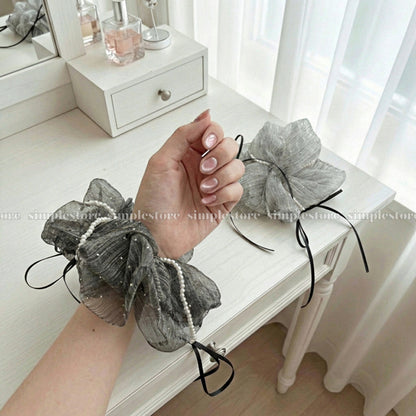 A238 - Dây buộc Chloe organza rhinestone striped with black ribbon and pearl trim scrunchies