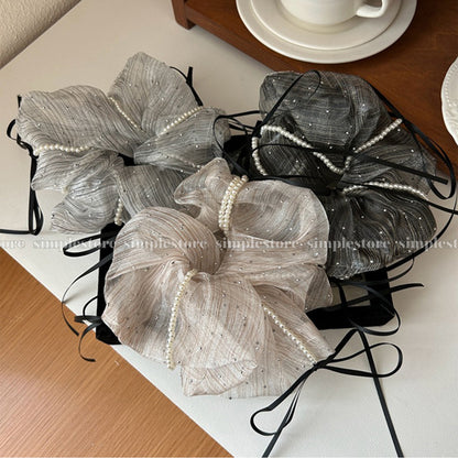 A238 - Dây buộc Chloe organza rhinestone striped with black ribbon and pearl trim scrunchies
