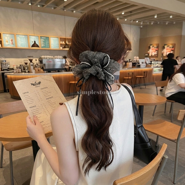 A238 - Dây buộc Chloe organza rhinestone striped with black ribbon and pearl trim scrunchies