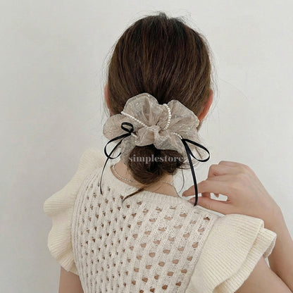 A238 - Dây buộc Chloe organza rhinestone striped with black ribbon and pearl trim scrunchies