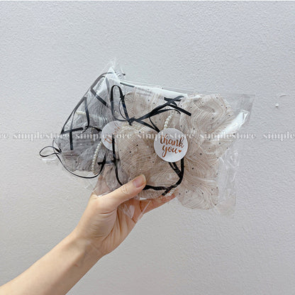 A238 - Dây buộc Chloe organza rhinestone striped with black ribbon and pearl trim scrunchies