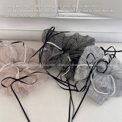A238 - Dây buộc Chloe organza rhinestone striped with black ribbon and pearl trim scrunchies