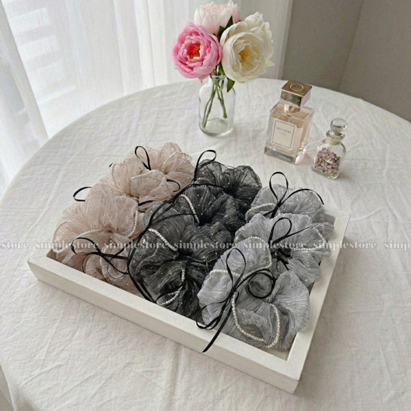 A238 - Dây buộc Chloe organza rhinestone striped with black ribbon and pearl trim scrunchies