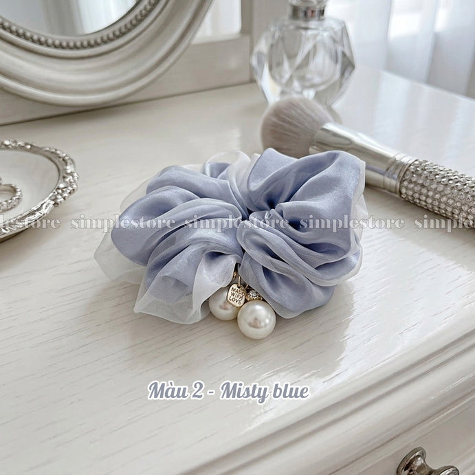 A255 - Dây buộc Pearl charm glossy organza scrunchies