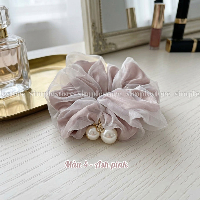 A255 - Dây buộc Pearl charm glossy organza scrunchies