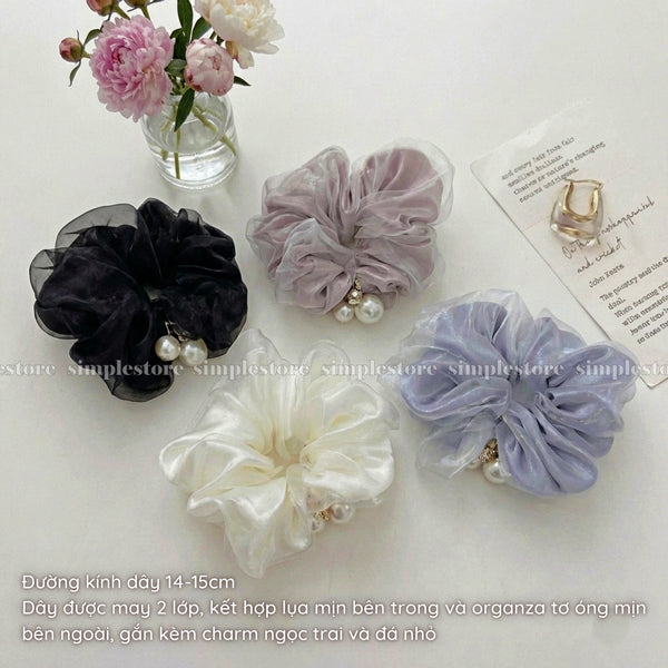 A255 - Dây buộc Pearl charm glossy organza scrunchies