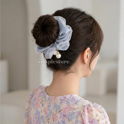 A255 - Dây buộc Pearl charm glossy organza scrunchies