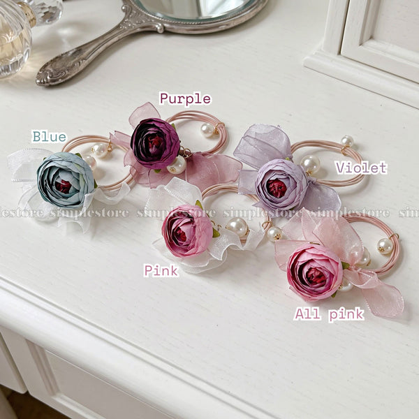 A261 - Dây buộc Vintage Camellia Floral with pearl & ribbon hair tie