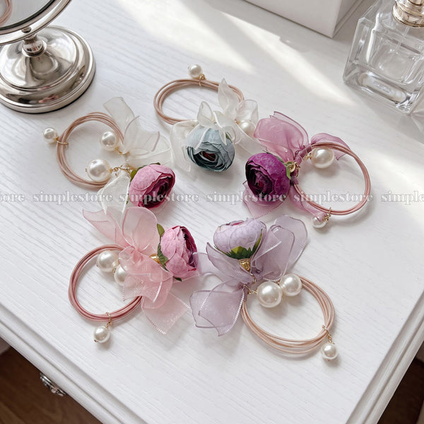 A261 - Dây buộc Vintage Camellia Floral with pearl & ribbon hair tie