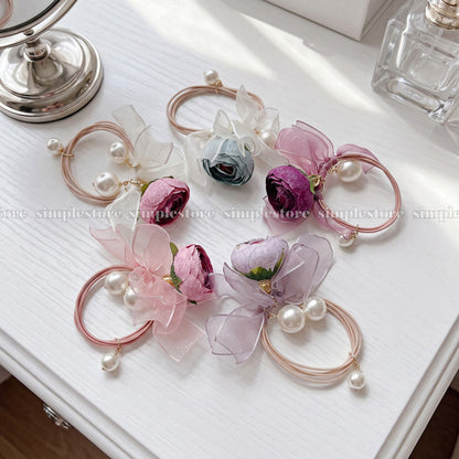 A261 - Dây buộc Vintage Camellia Floral with pearl & ribbon hair tie