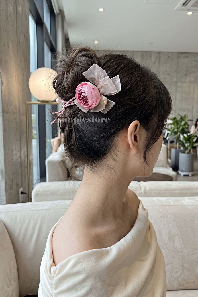 A261 - Dây buộc Vintage Camellia Floral with pearl & ribbon hair tie