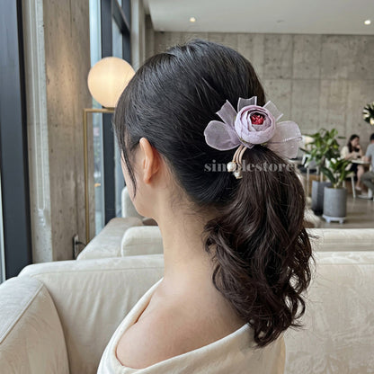 A261 - Dây buộc Vintage Camellia Floral with pearl & ribbon hair tie