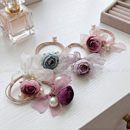 A261 - Dây buộc Vintage Camellia Floral with pearl & ribbon hair tie