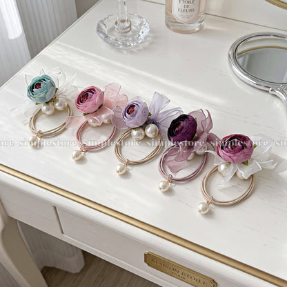 A261 - Dây buộc Vintage Camellia Floral with pearl & ribbon hair tie