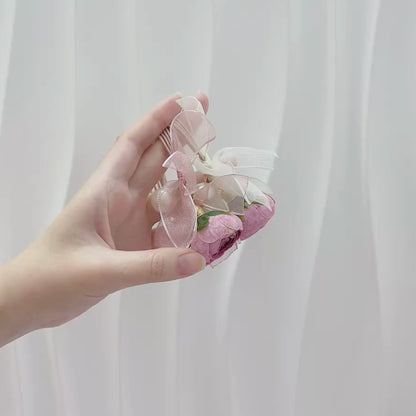 A261 - Dây buộc Vintage Camellia Floral with pearl & ribbon hair tie
